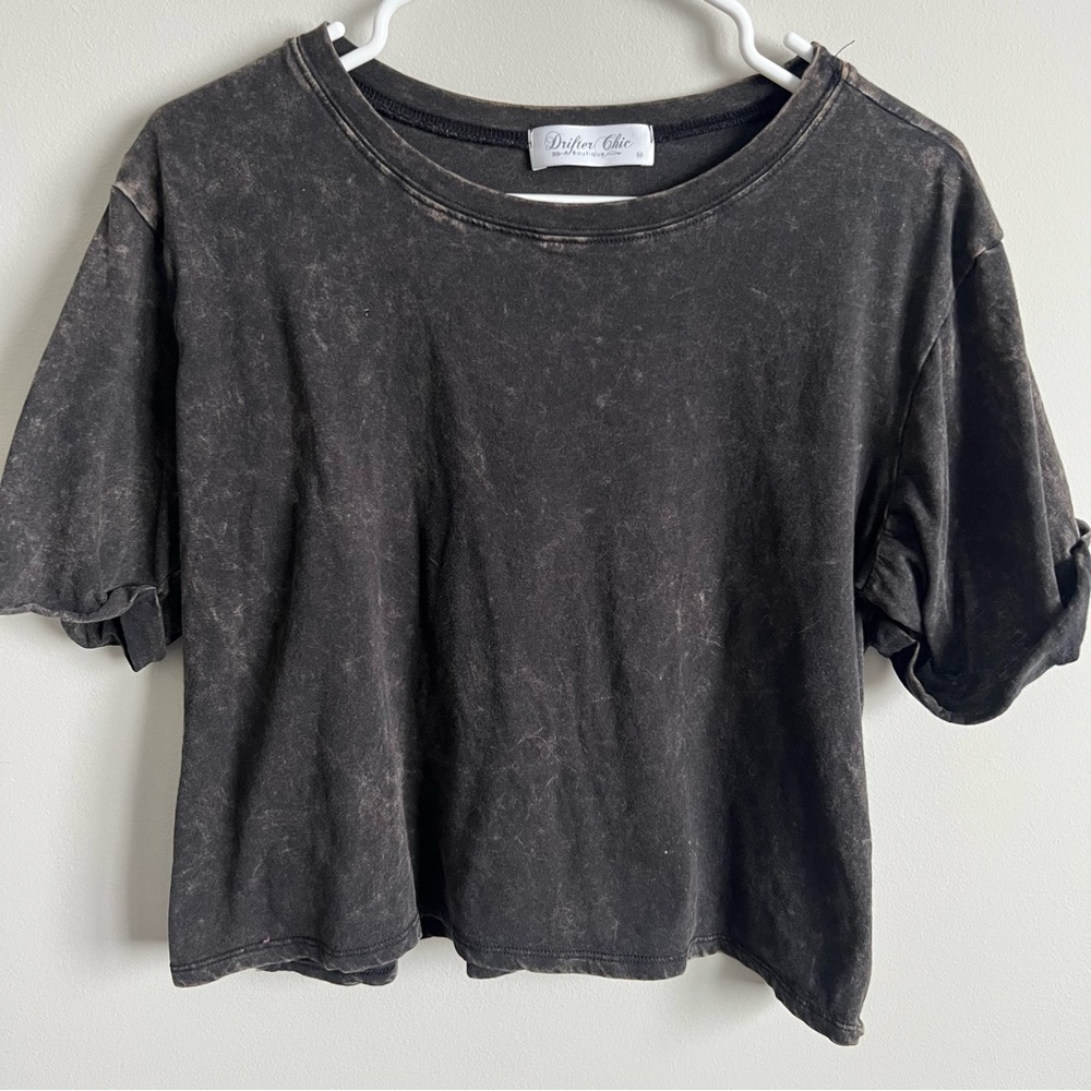 Women’s Black Distressed Crop Top, Mineral Washed, Size Medium